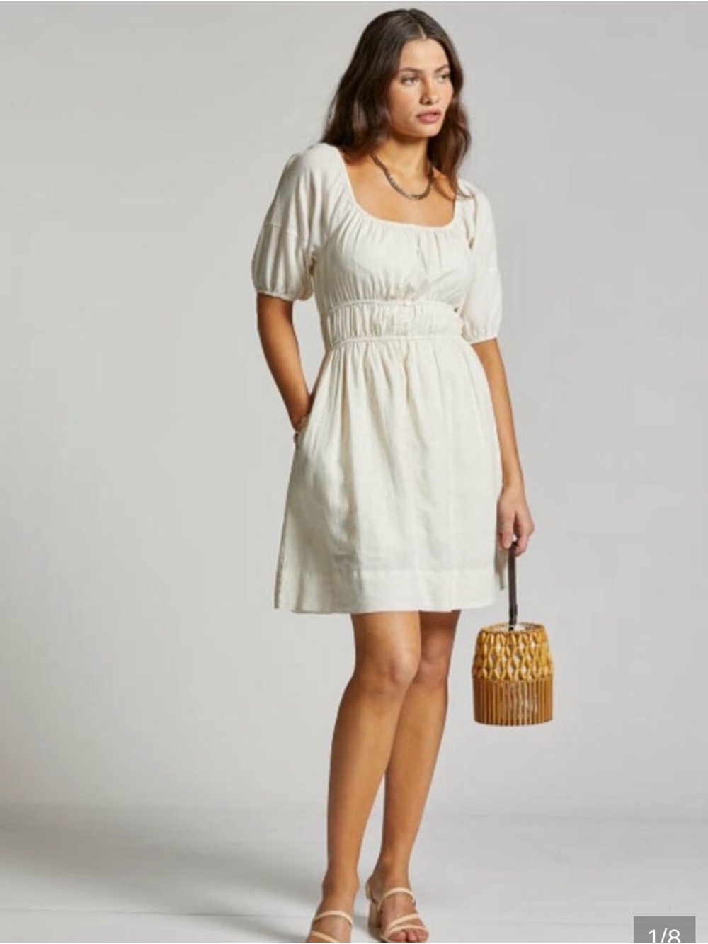 Square-Neck Cream Mini Dress with Puff Sleeves